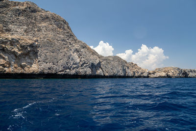 Scenic view of sea and rocks against blue sky