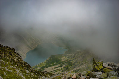 High angle view of lake during foggy weather