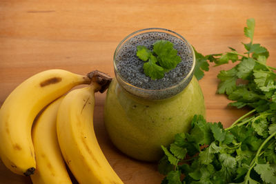 High angle view of bananas in bowl on table