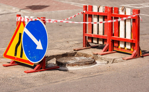 Manhole amid road sign and barrier on street