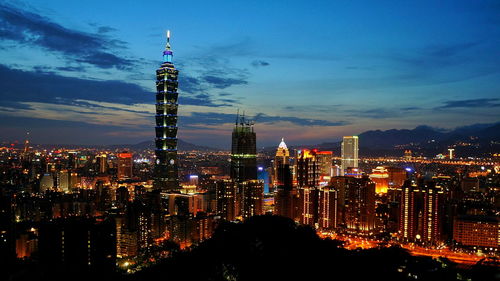 Illuminated cityscape against sky