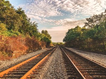 Railroad tracks by trees against sky