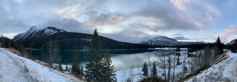 Panoramic view of lake and snowcapped mountains against sky