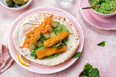 High angle view of food in plate on table