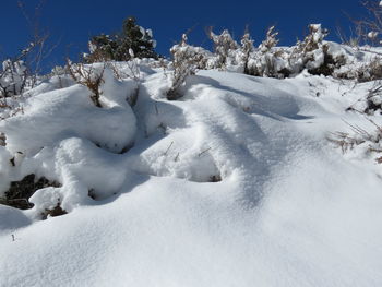 Snow covered land against sky