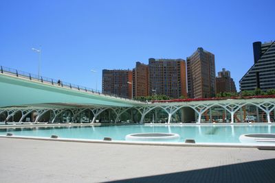 Bridge over city against clear blue sky