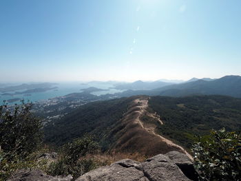 Aerial view of mountain range against clear sky