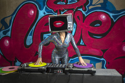 High angle view of man with graffiti on stage