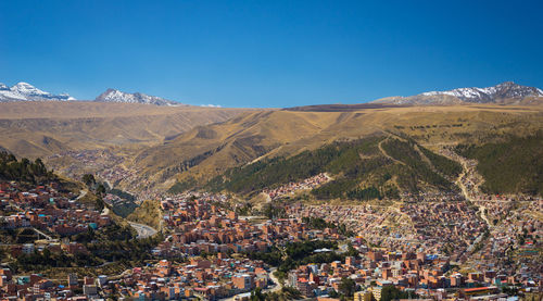 Scenic view of mountains against clear blue sky