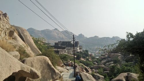 Panoramic view of landscape and mountains against clear sky