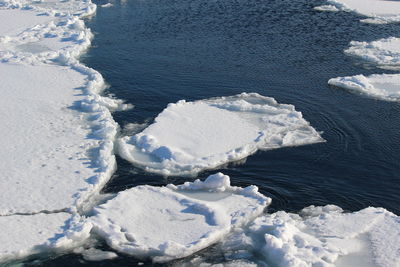 High angle view of snow on land