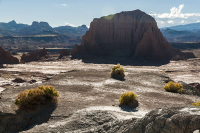Scenic view of rocks and mountains against sky
