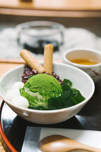 High angle view of vegetables in bowl on table