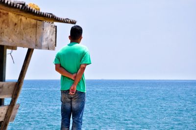 Rear view of man looking at sea against clear sky