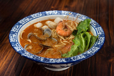 High angle view of food in plate on table