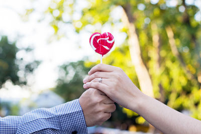 Close-up of hands holding heart shape lollipop against trees