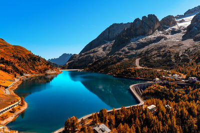 Scenic view of lake against blue sky