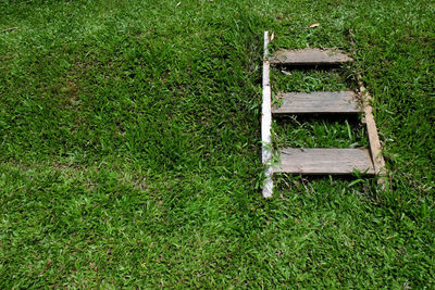 High angle view of empty bench on field