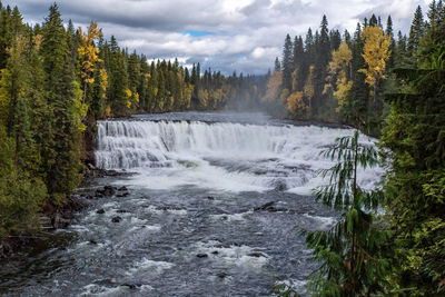 Scenic view of waterfall in forest against sky