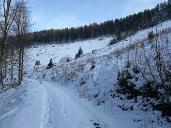 Scenic view of snow covered field against sky