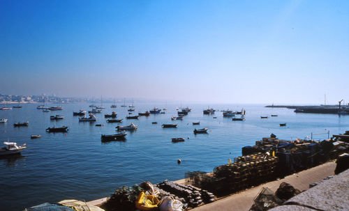 View of harbor against clear sky