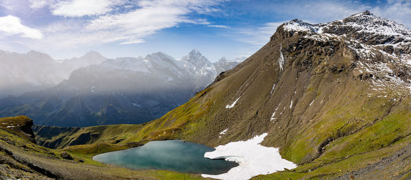 Scenic view of snowcapped mountains against sky