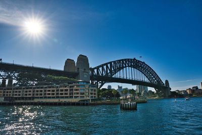 View of bridge over river against blue sky