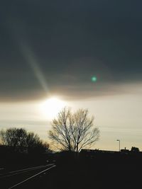 Silhouette bare tree by road against sky during sunset