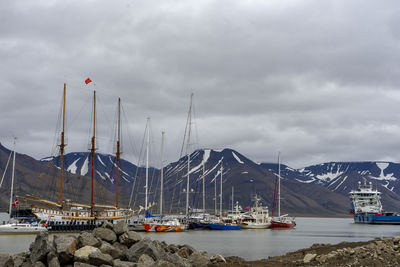 Sailboats moored at harbor against sky svalbard 