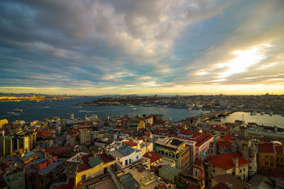 High angle view of townscape against sky during sunset