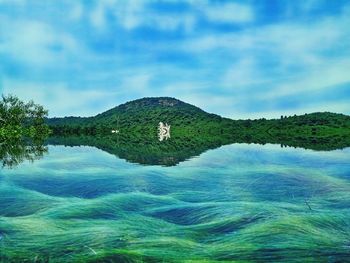 Scenic view of lake and mountains against sky