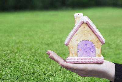 Person holding umbrella on field