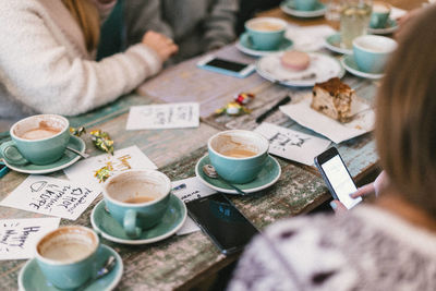 High angle view of coffee cup on table