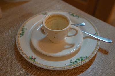 High angle view of coffee cup on table