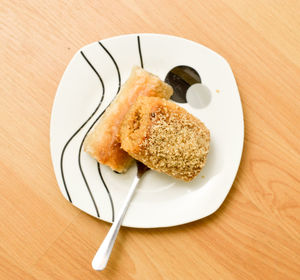 High angle view of dessert in plate on table