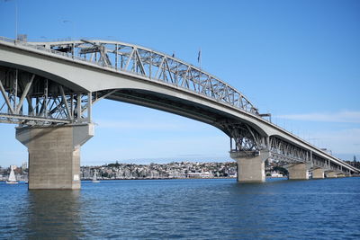 Arch bridge over river against clear blue sky