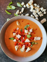 High angle view of soup in bowl on table