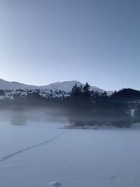 Scenic view of lake against clear sky during winter