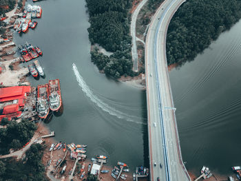 High angle view of boats in river