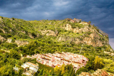 High angle view of buildings against sky