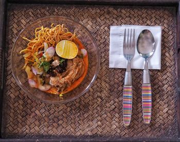 High angle view of breakfast served on table