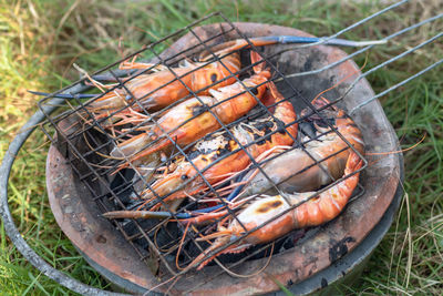 High angle view of barbecue grill