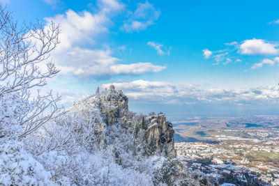 Scenic view of snow covered land against sky