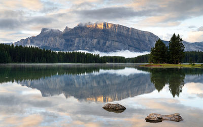 Scenic view of lake and mountains against sky