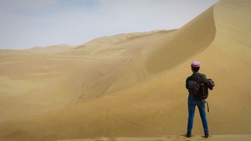Rear view of man standing in desert