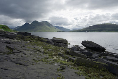 Coastal landscape from the isle of raasay looking towards the isle of skye. glamaig is cloud topped.