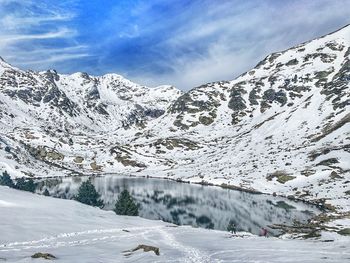 Scenic view of snow covered mountains against sky