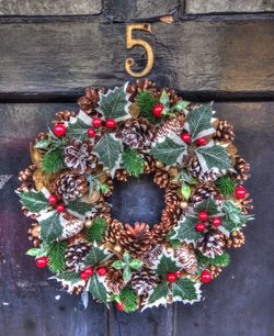 Directly above shot of christmas decorations on table
