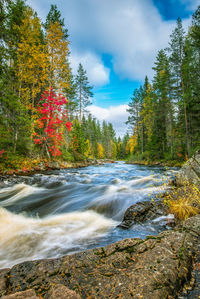 Scenic view of waterfall against sky during autumn