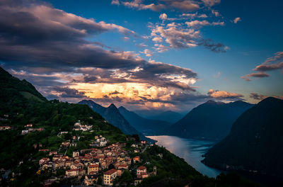 Scenic view of mountains against sky during sunset